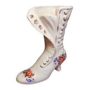 Vintage Ceramic Victorian Boot Vase With Floral Design w/ Gold Colored Accents